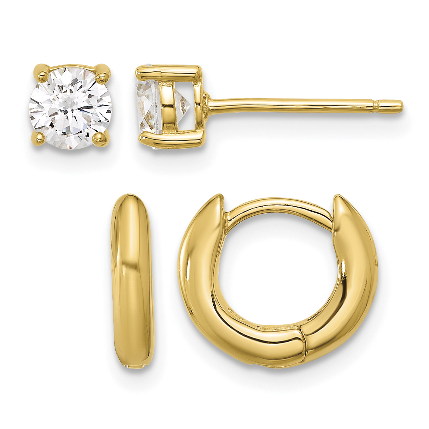 Sterling Silver Gold-tone 2.5mm Huggie Hoops/5mm CZ Stud Earrings Set (QE16721GPSET)