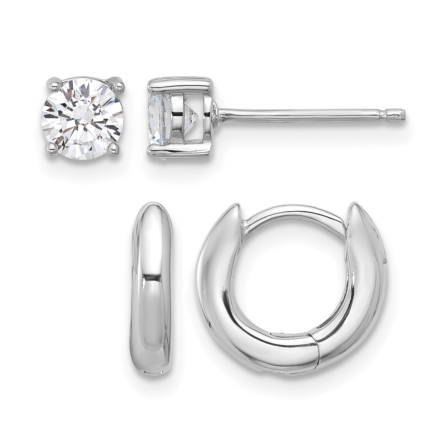 Sterling Silver RH-plated 2.5mm Huggie Hoops/5mm CZ Stud Earrings Set (QE16721SET)