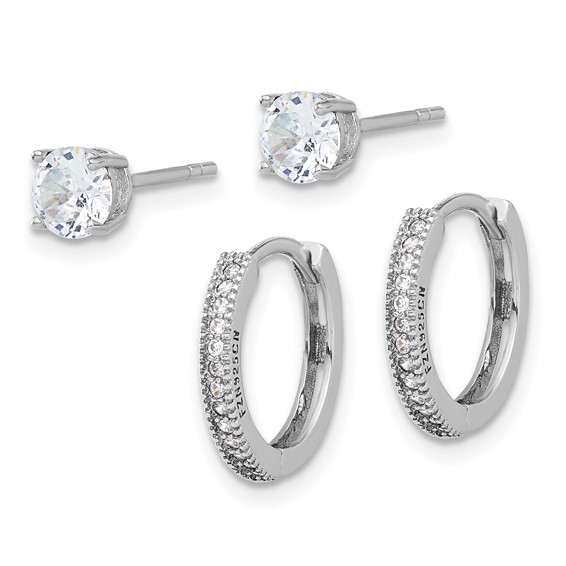 Sterling Silver Rh-plated CZ 2mm Hoop and 5mm Stud Post Earring Set