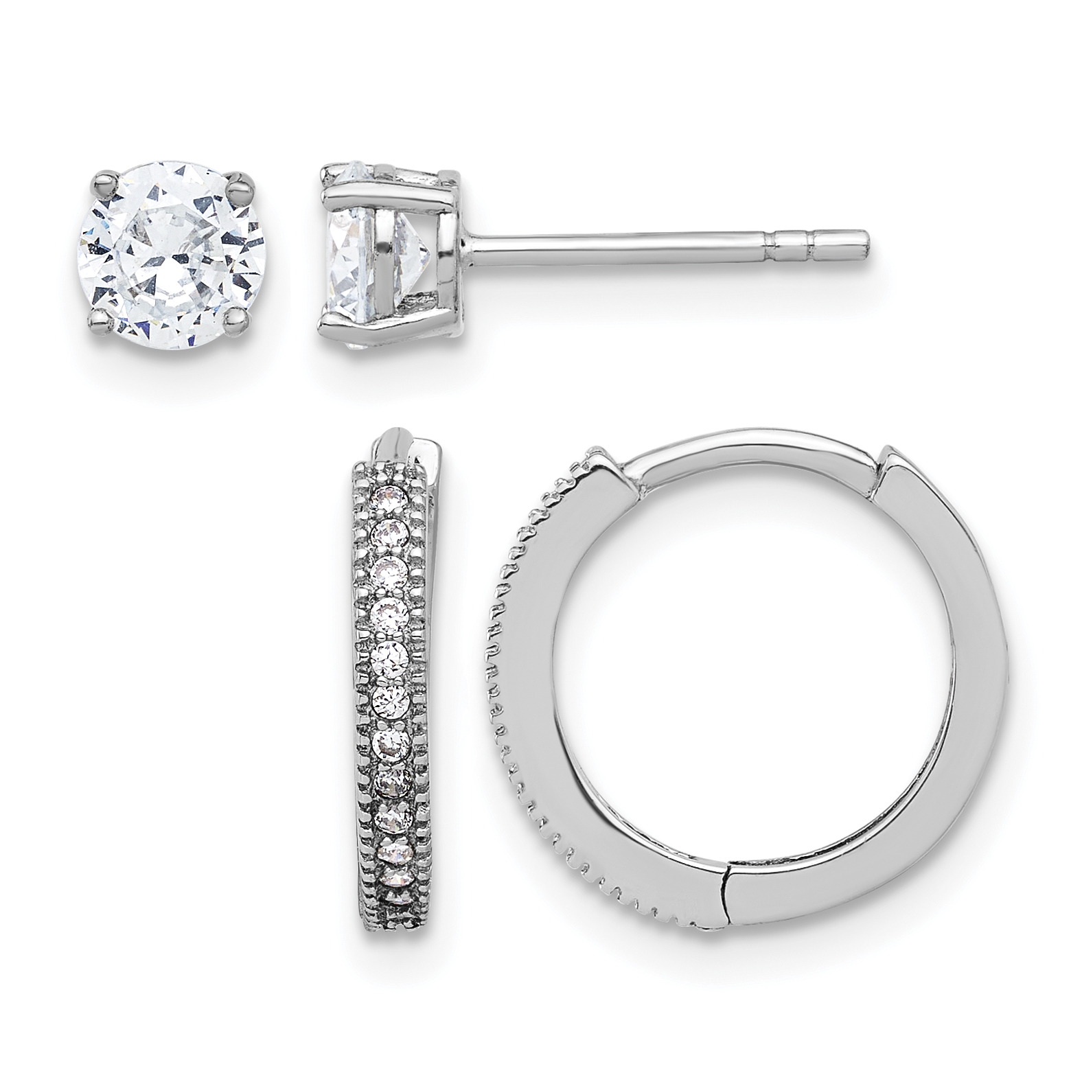 Sterling Silver Rh-plated CZ 2mm Hoop and 5mm Stud Post Earring Set (QE16722SET)