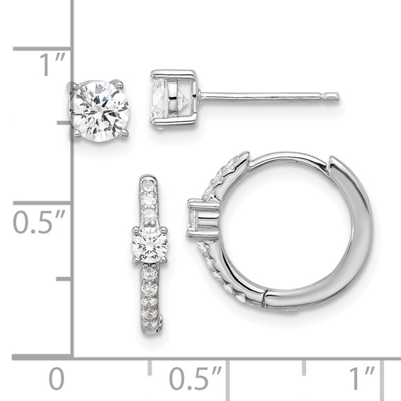 Sterling Silver RH-plated 5mm CZ Studs and Hinged Hoop Earring Set