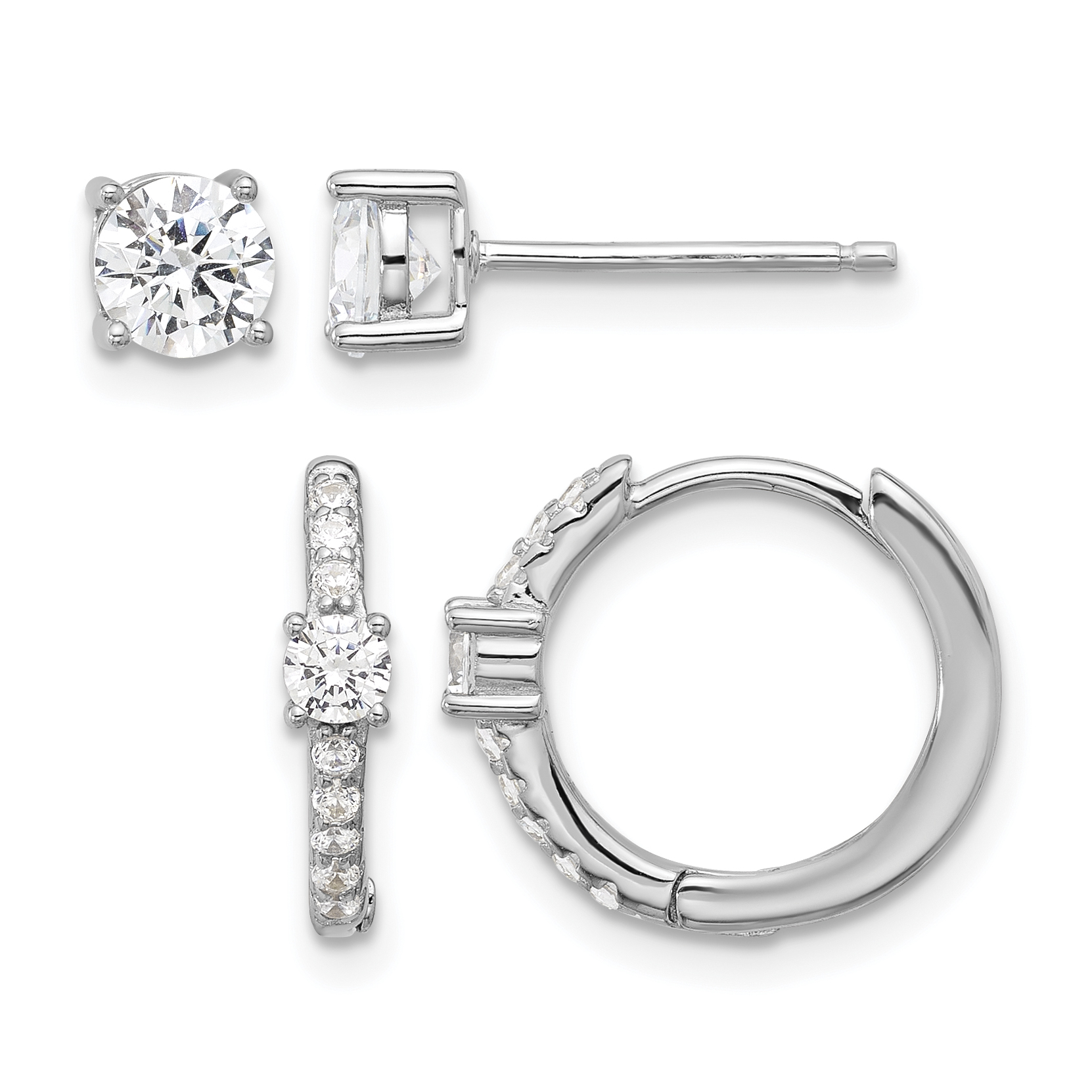 Sterling Silver RH-plated 5mm CZ Studs and Hinged Hoop Earring Set (QE16723SET)