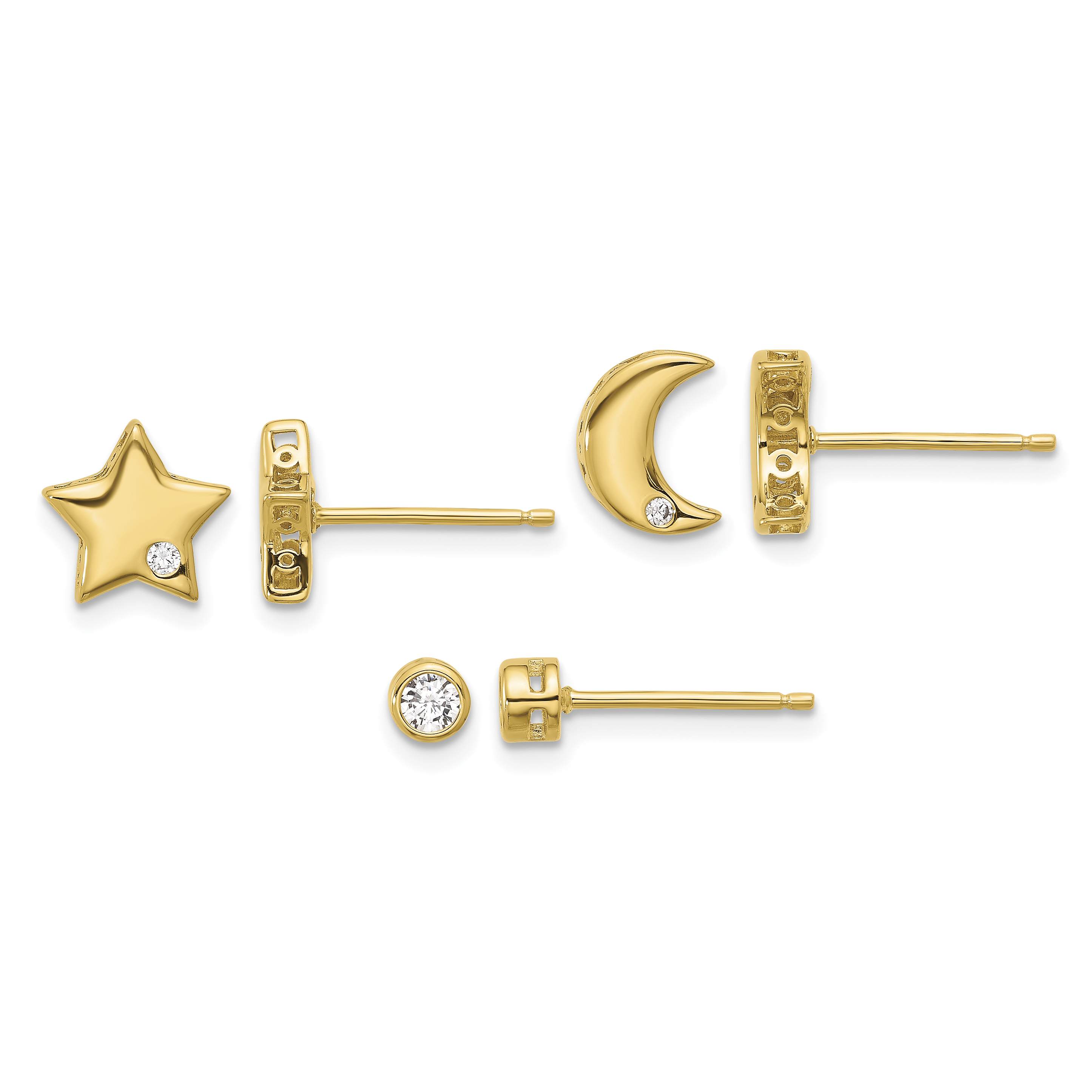 Sterling Silver Gold-tone CZ Moon/Star and Round Set of 3 Post Earring Set (QE16725GPSET)