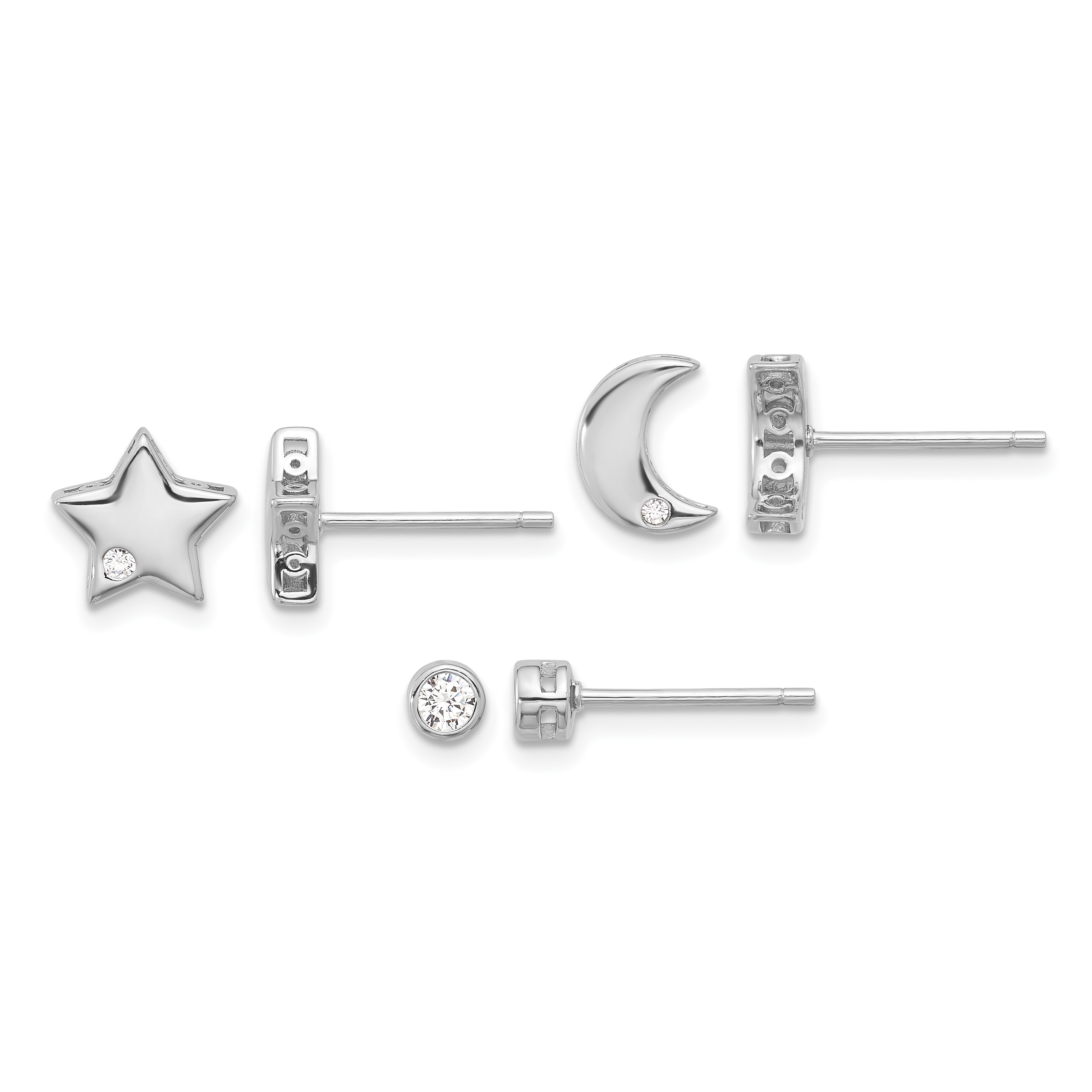 Sterling Silver RH-plated CZ Moon/Star and Round Set of 3 Post Earring Set (QE16725SET)