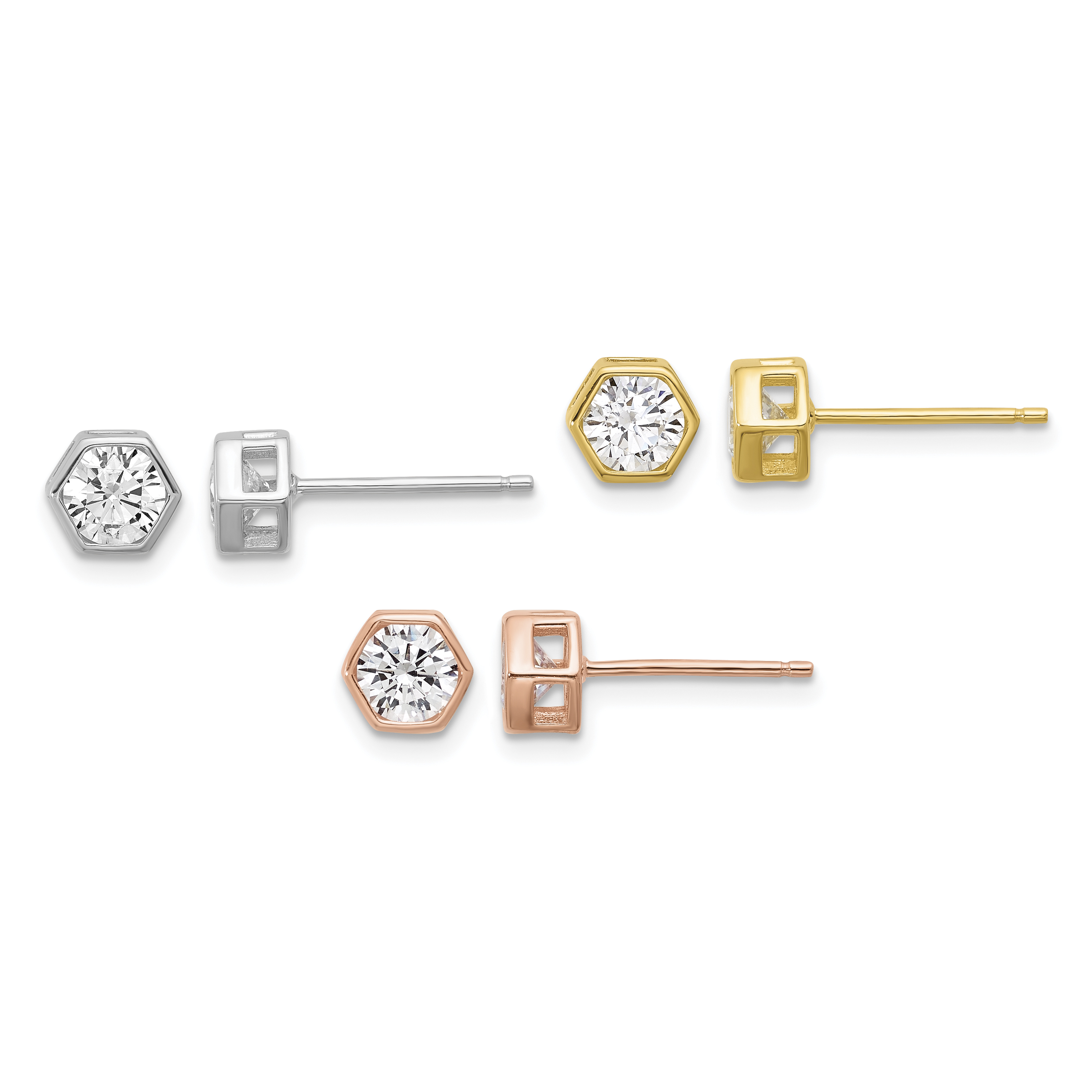Sterling Silver RH-plated Rose and Gold-tone CZ Set of 3 Post Earring Set (QE16726SET)