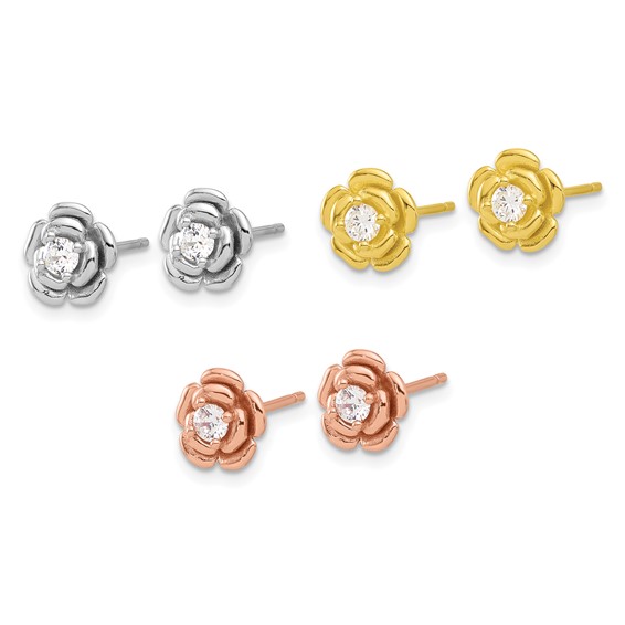 Sterling Silver Rhod-plt/Gold/Rose-tone CZ Rose 3 Pair Earrings Set