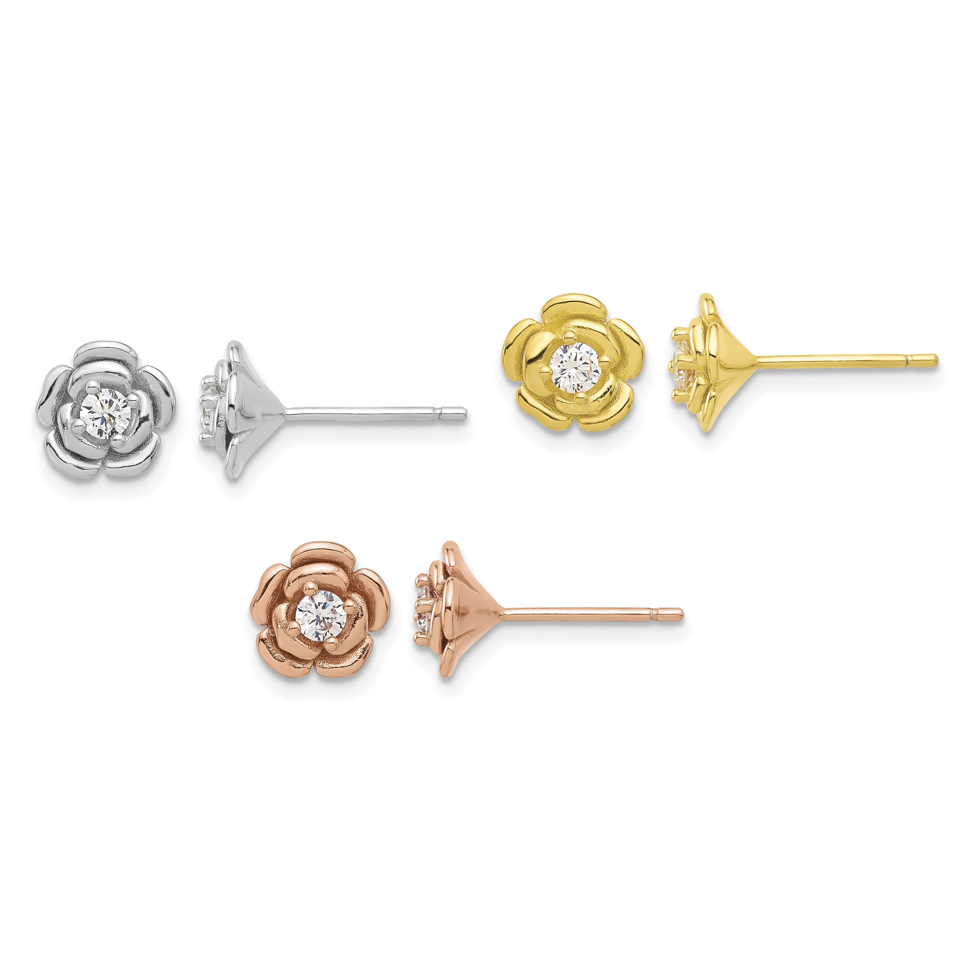 Sterling Silver Rhod-plt/Gold/Rose-tone CZ Rose 3 Pair Earrings Set (QE16729SET)
