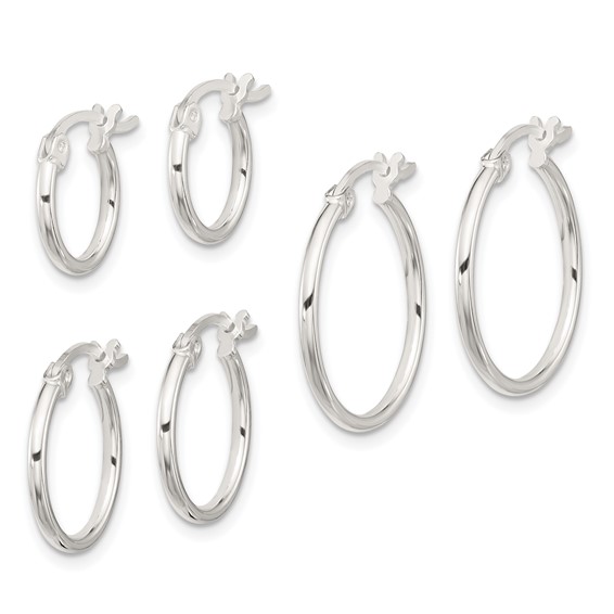 Sterling Silver Rhodium-plated Polished Set of 3 Hoop Earring Set