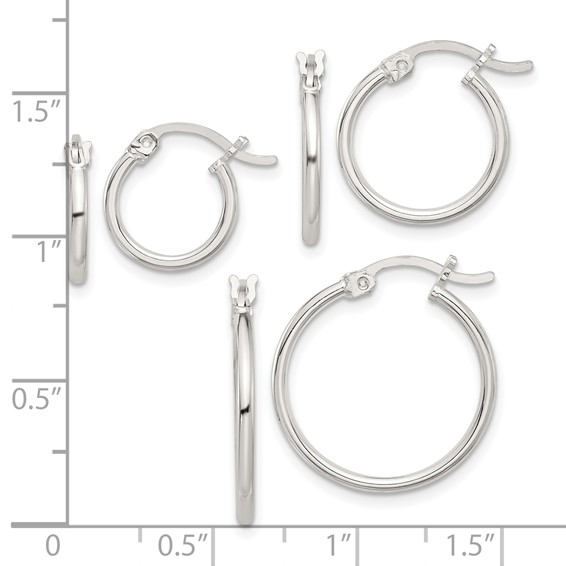 Sterling Silver Rhodium-plated Polished Set of 3 Hoop Earring Set