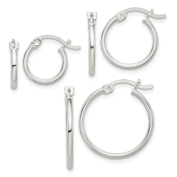 Sterling Silver Rhodium-plated Polished Set of 3 Hoop Earring Set