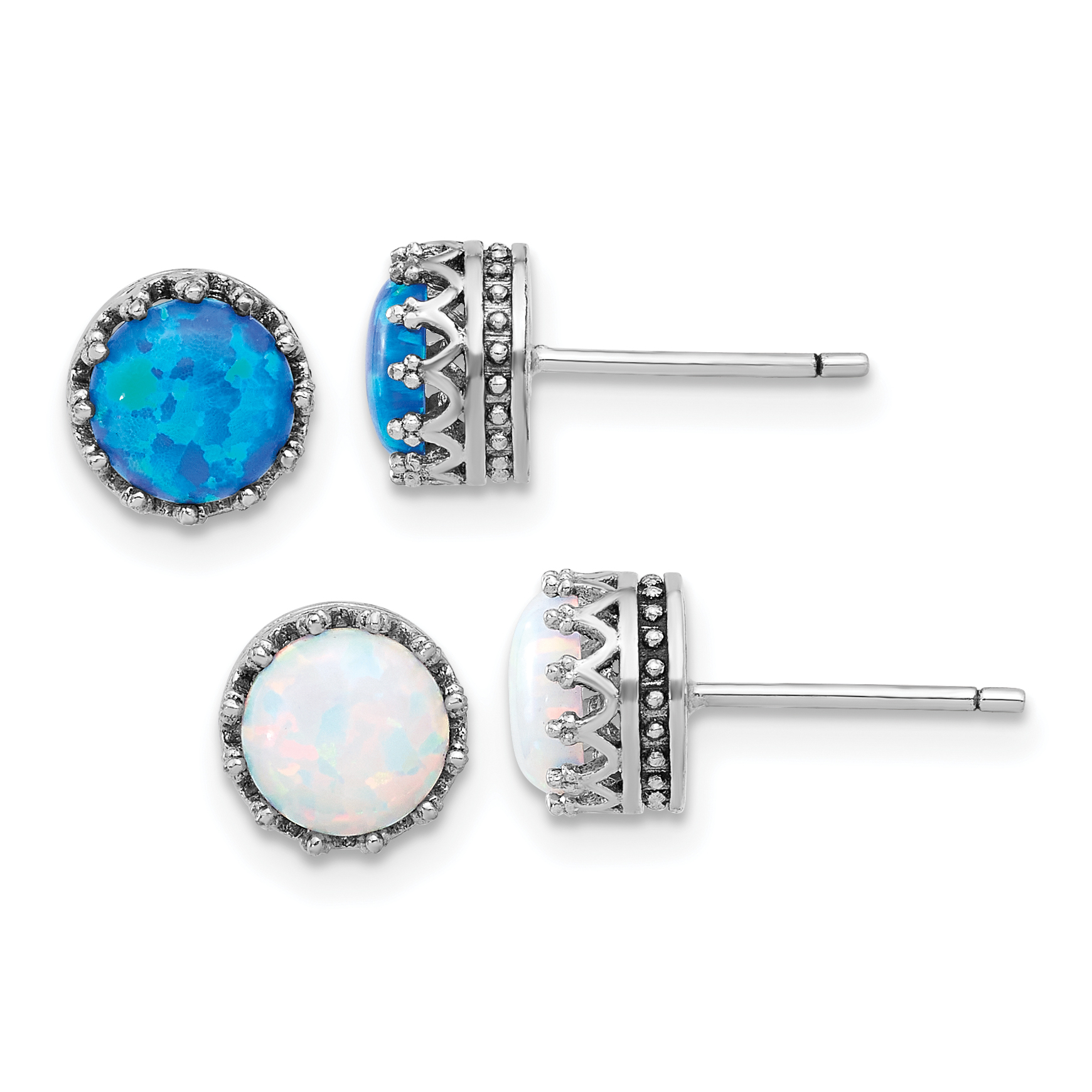 Sterling Silver Rh-plated 7mm Cr. Blue Opal / White Opal Post Earring Set (QE16732SET)