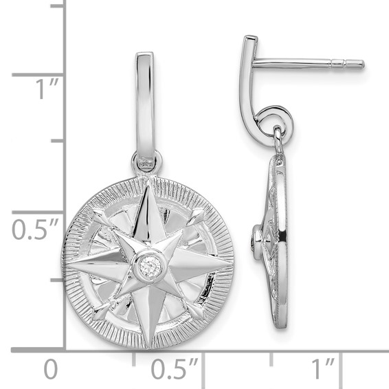 Sterling Silver Rhodium-plated Polished CZ Compass Dangle Post Earrings