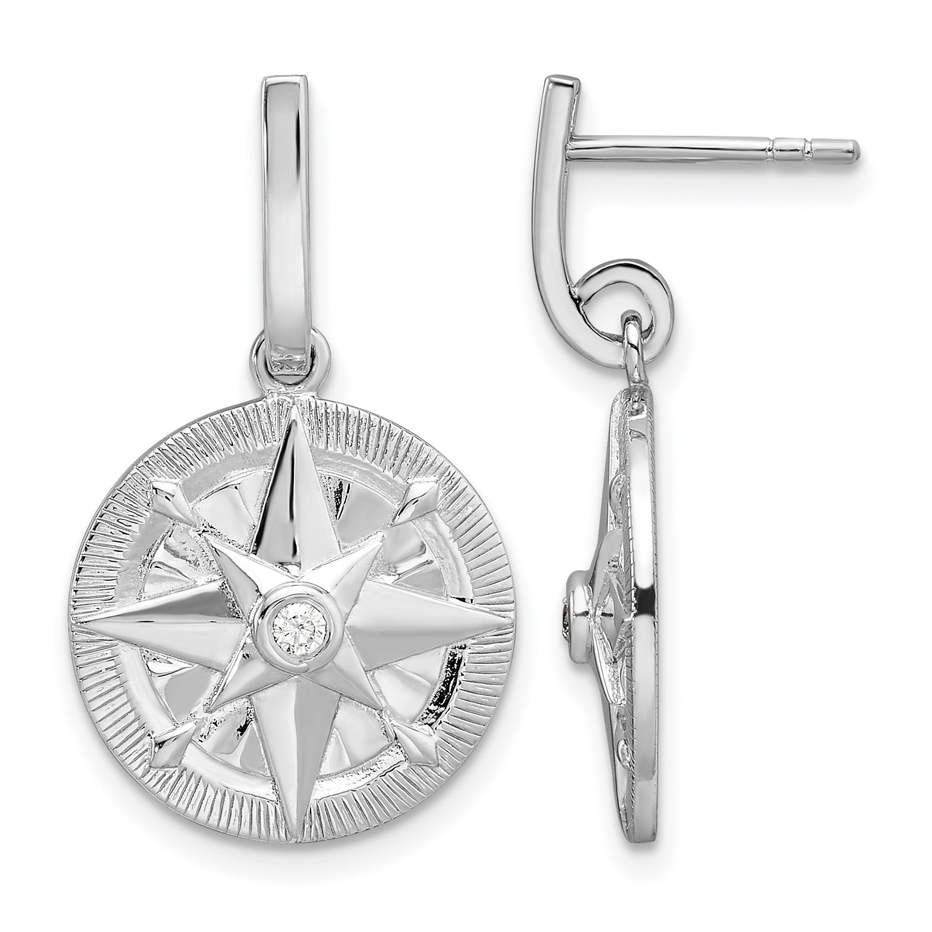Sterling Silver Rhodium-plated Polished CZ Compass Dangle Post Earrings (QE16737)