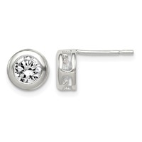Sterling Silver Polished 7mm Round CZ Bezel Set Stud Earrings view 1