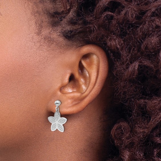 Sterling Silver Rhodium Plated Polished Beaded Flower Earrings