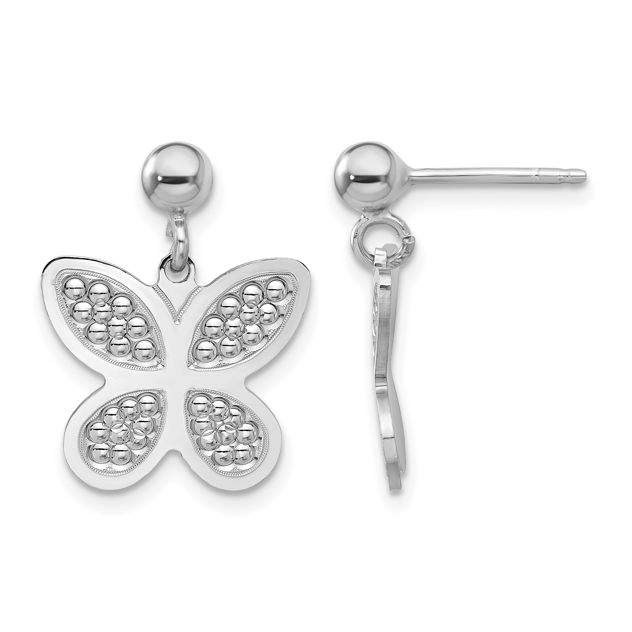 Sterling Silver Rhodium Plated Polished  Beaded Butterfly Earrings (QE16744)