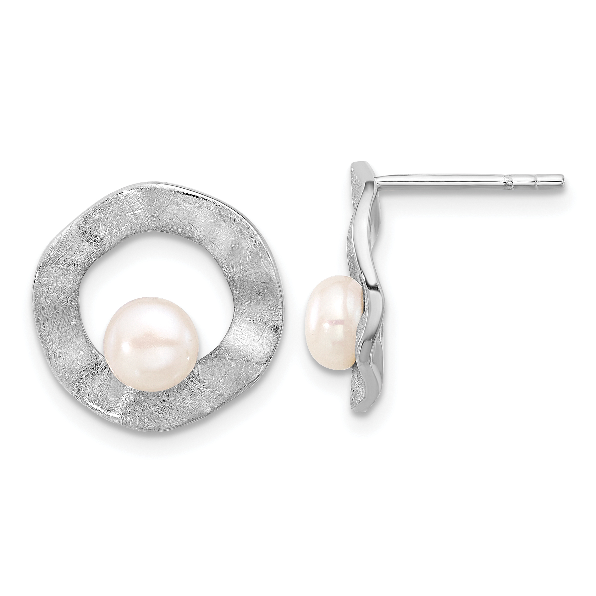 Sterling Silver Rhodium-plated FWC Pearl Scratch Finish Post Earrings (QE16755)