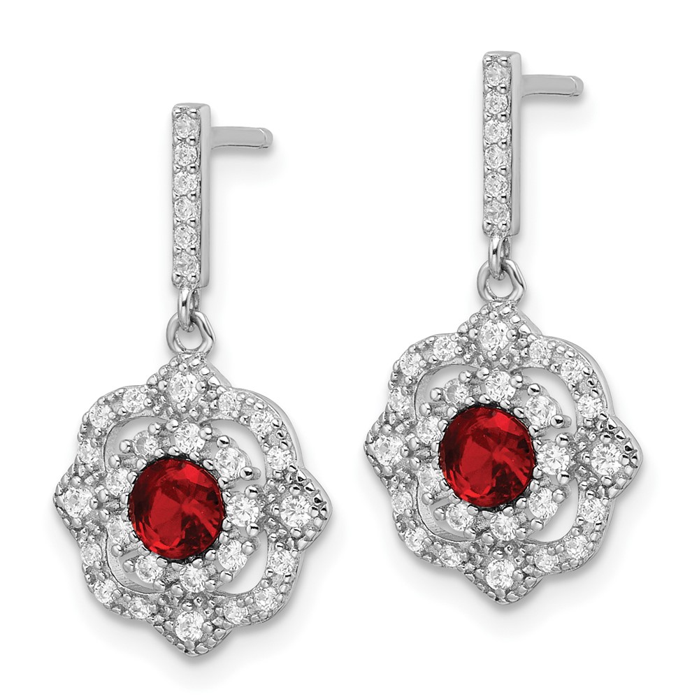 Sterling Silver RH-pltd Red Glass and Clear CZ Vintage Dangle Post Earring (QE16758)