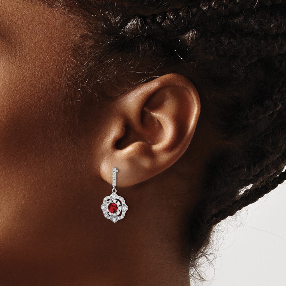 Sterling Silver RH-pltd Red Glass and Clear CZ Vintage Dangle Post Earring (QE16758)