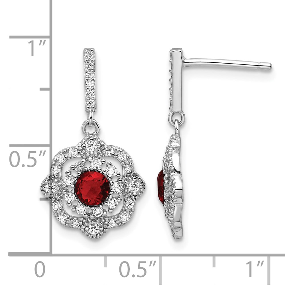 Sterling Silver RH-pltd Red Glass and Clear CZ Vintage Dangle Post Earring (QE16758)