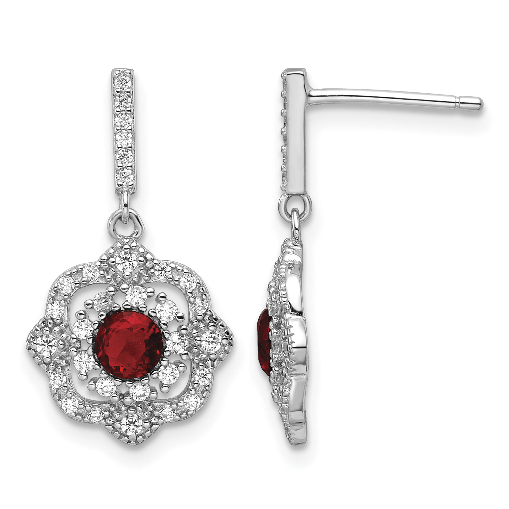 Sterling Silver RH-pltd Red Glass and Clear CZ Vintage Dangle Post Earring (QE16758)