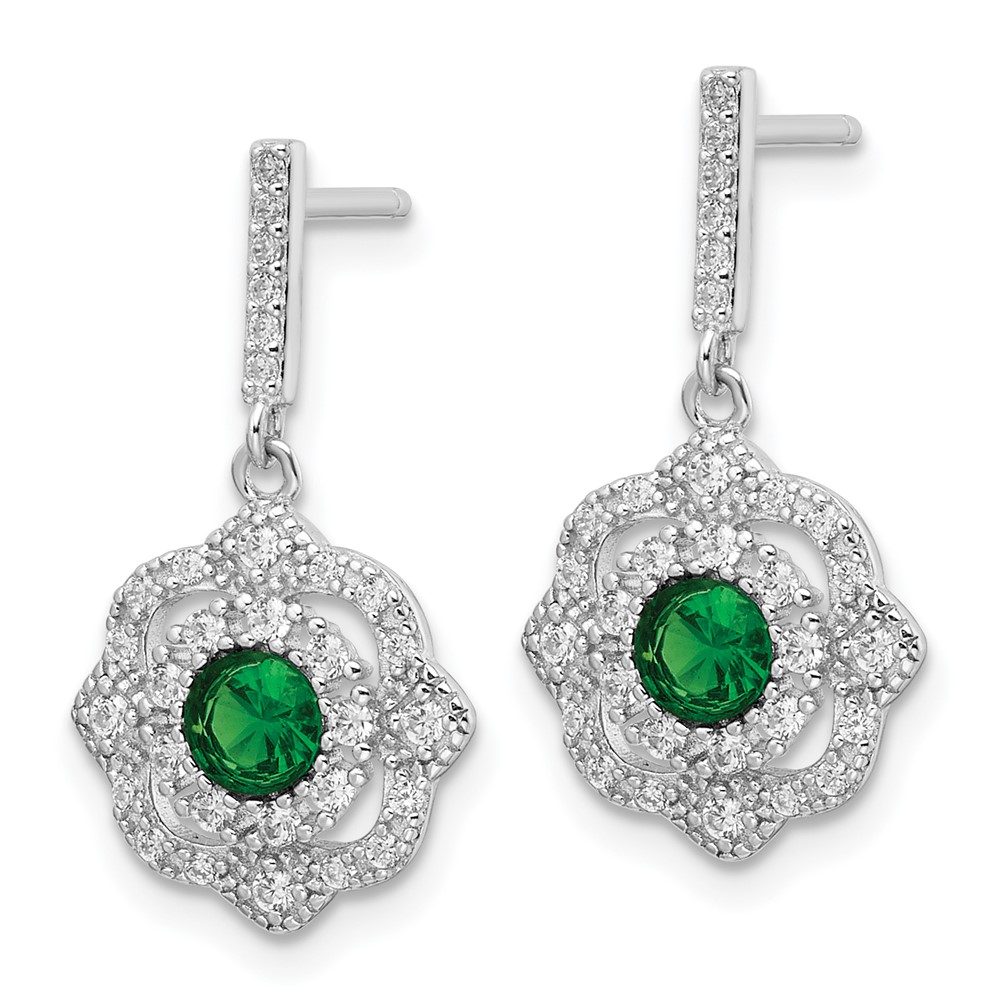 Sterling Silver RH-pltd Green Glass and Clear CZ Vintage Dangle Post Earrin (QE16760)