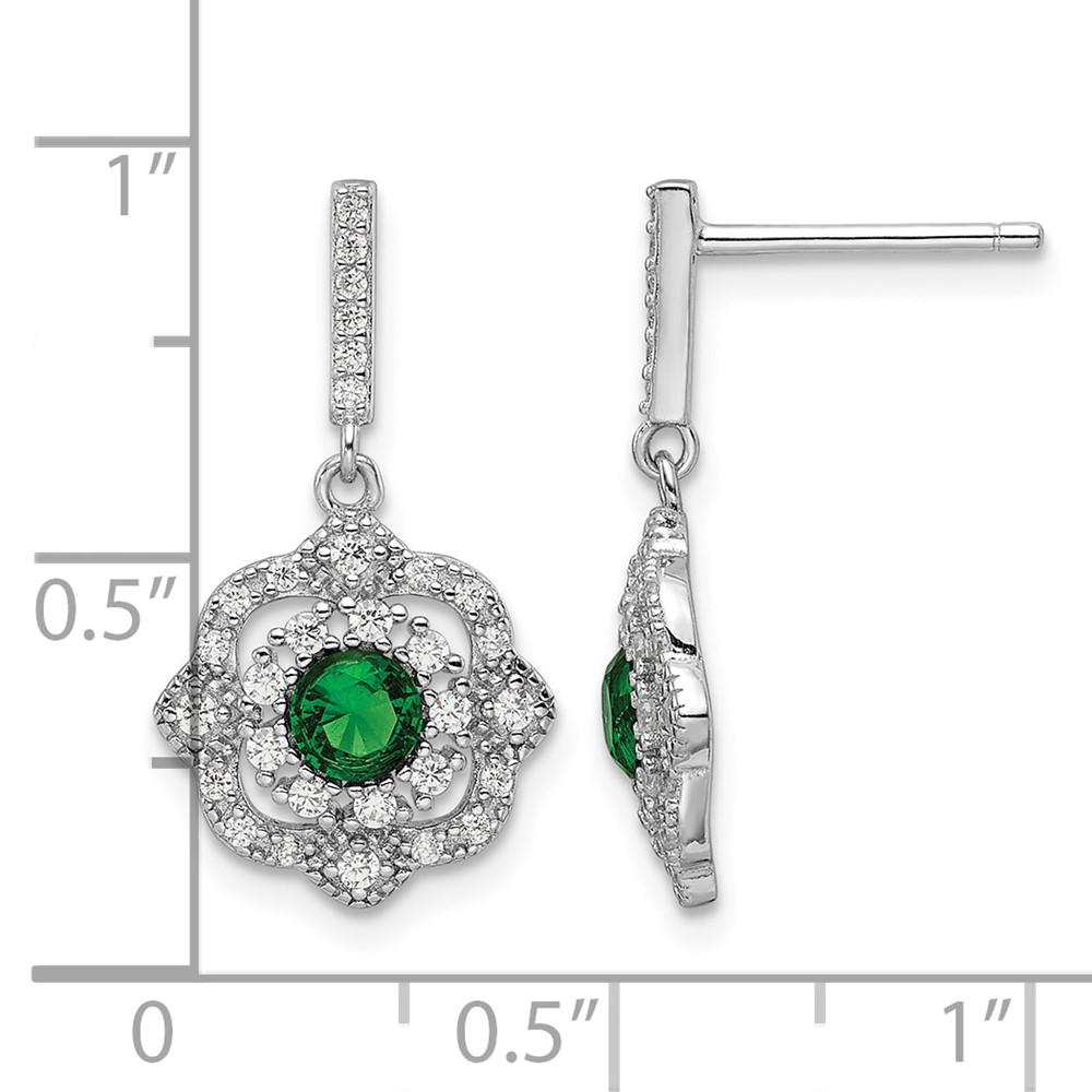 Sterling Silver RH-pltd Green Glass and Clear CZ Vintage Dangle Post Earrin (QE16760)