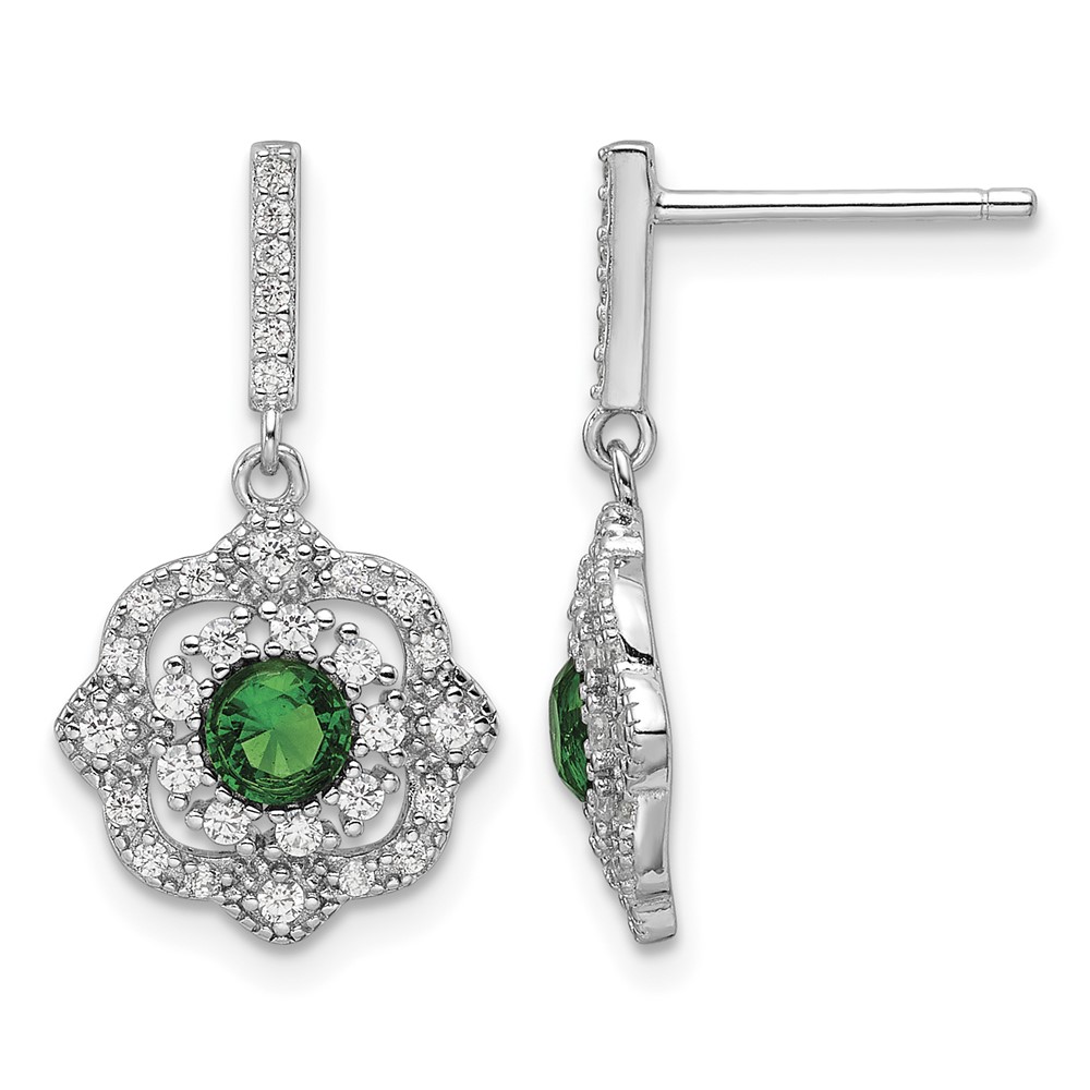 Sterling Silver RH-pltd Green Glass and Clear CZ Vintage Dangle Post Earrin (QE16760)