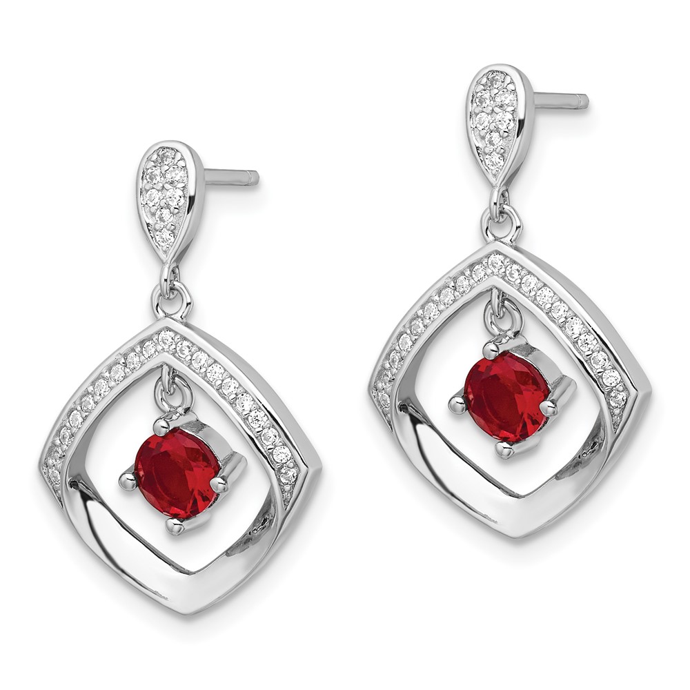 Sterling Silver RH-plated Red Glass and Clear CZ Fancy Square Post Earrings (QE16761)