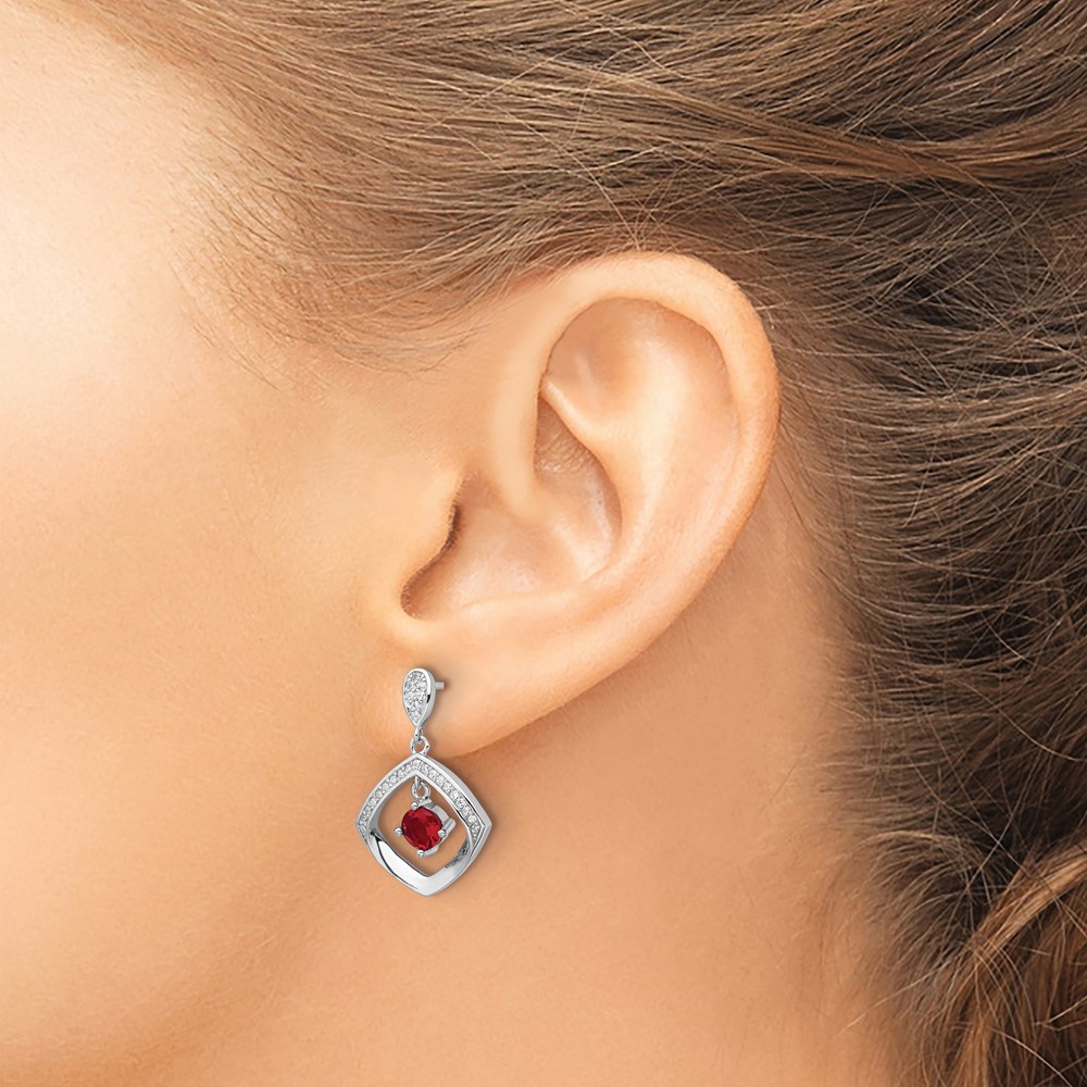 Sterling Silver RH-plated Red Glass and Clear CZ Fancy Square Post Earrings (QE16761)
