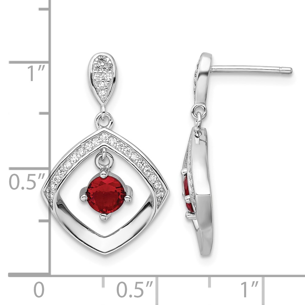Sterling Silver RH-plated Red Glass and Clear CZ Fancy Square Post Earrings (QE16761)