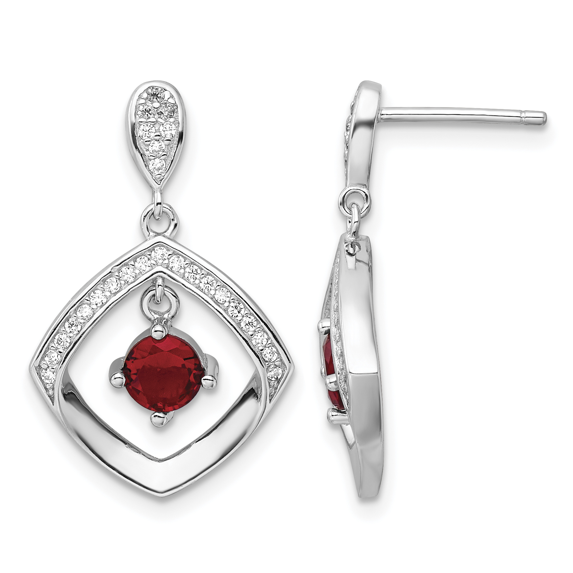 Sterling Silver RH-plated Red Glass and Clear CZ Fancy Square Post Earrings (QE16761)