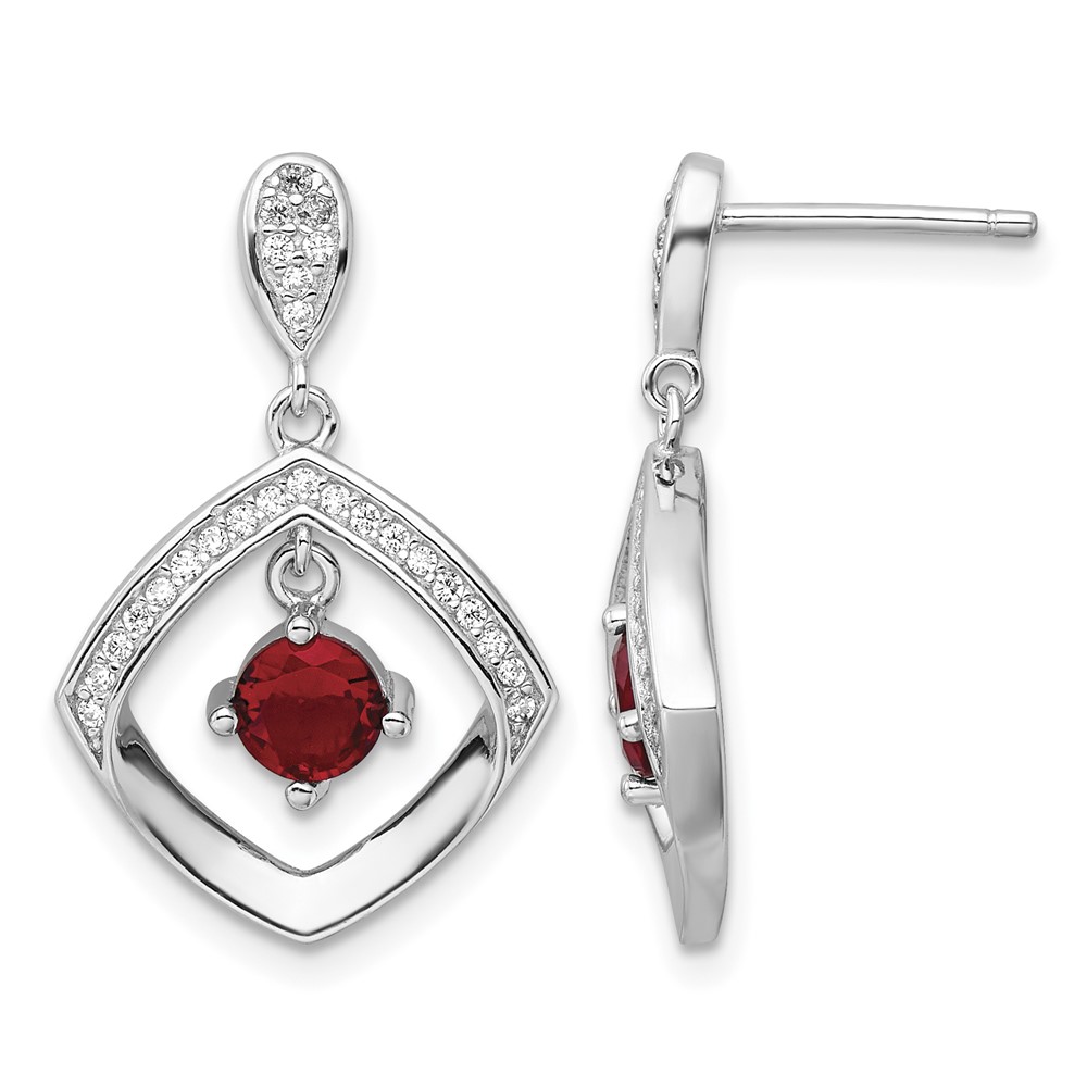 Sterling Silver RH-plated Red Glass and Clear CZ Fancy Square Post Earrings (QE16761)