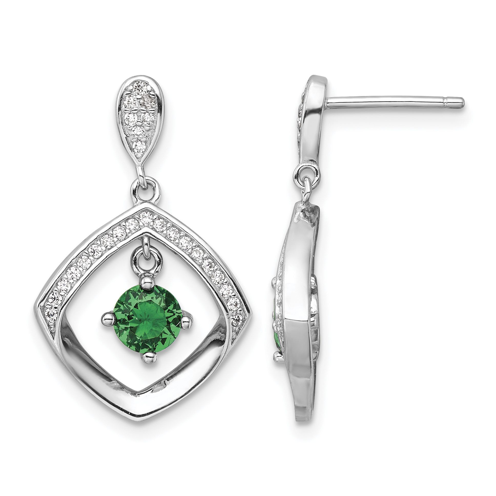 Sterling Silver RH-pltd Green Glass and Clear CZ Fancy Square Post Earrings (QE16763)