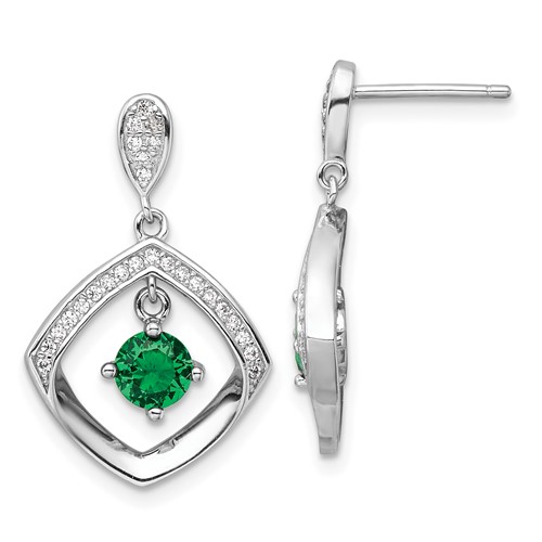 Sterling Silver RH-pltd Green Glass and Clear CZ Fancy Square Post Earrings