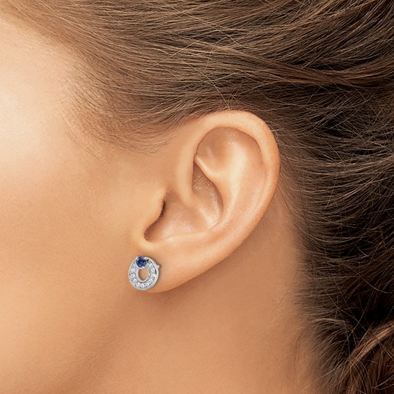 Sterling Silver RH-plated CZ and Blue Sapphire Post Earrings