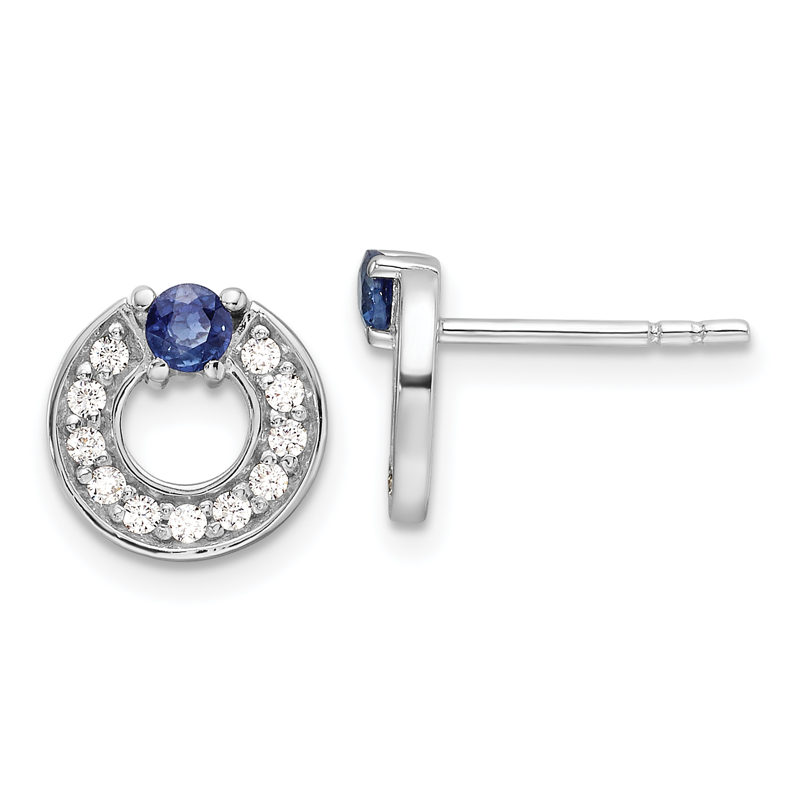 Sterling Silver RH-plated CZ and Blue Sapphire Post Earrings (QE16764)