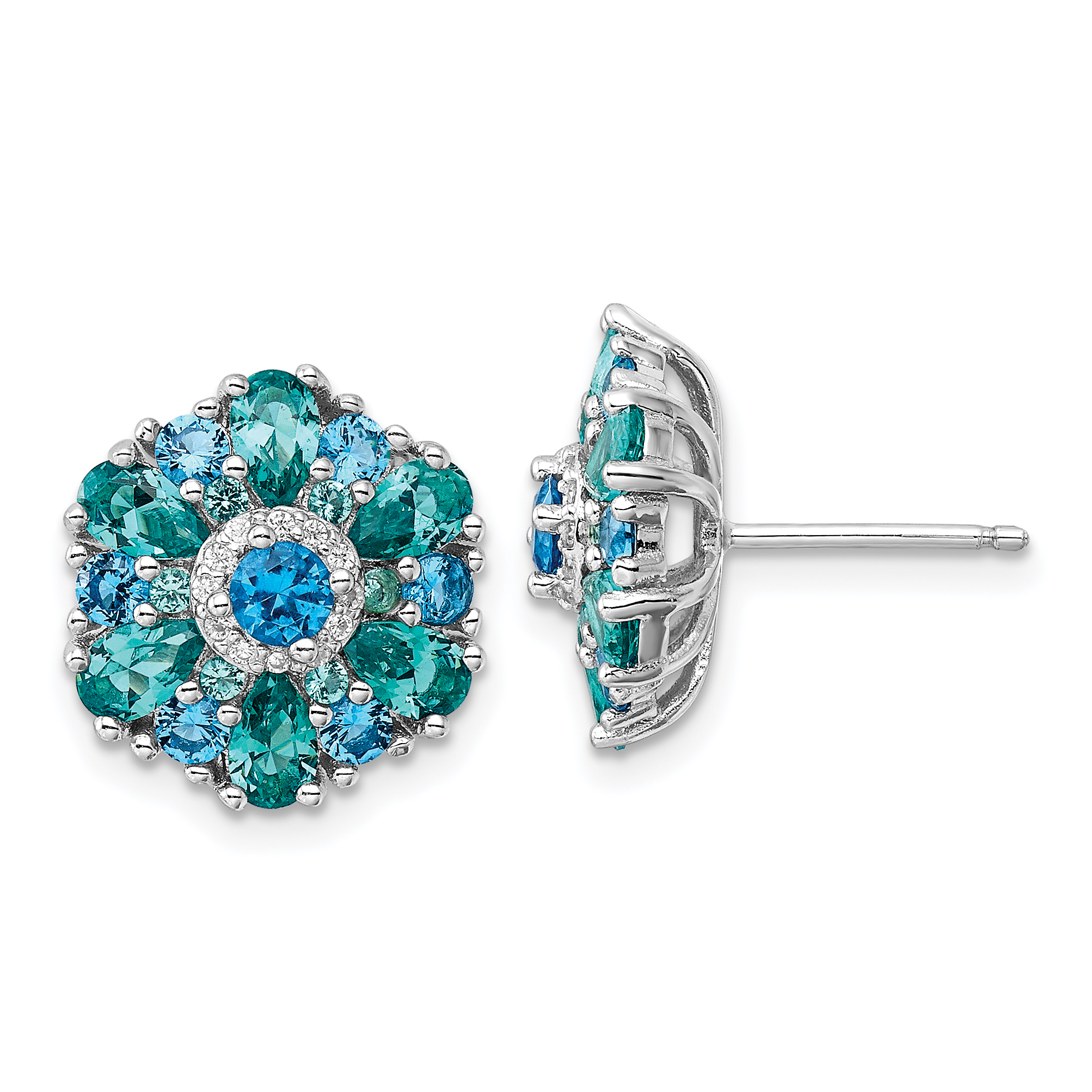 Sterling Silver Rh-pltd Blue/Green Nano Crystal and CZ Floral Post Earrings (QE16765)