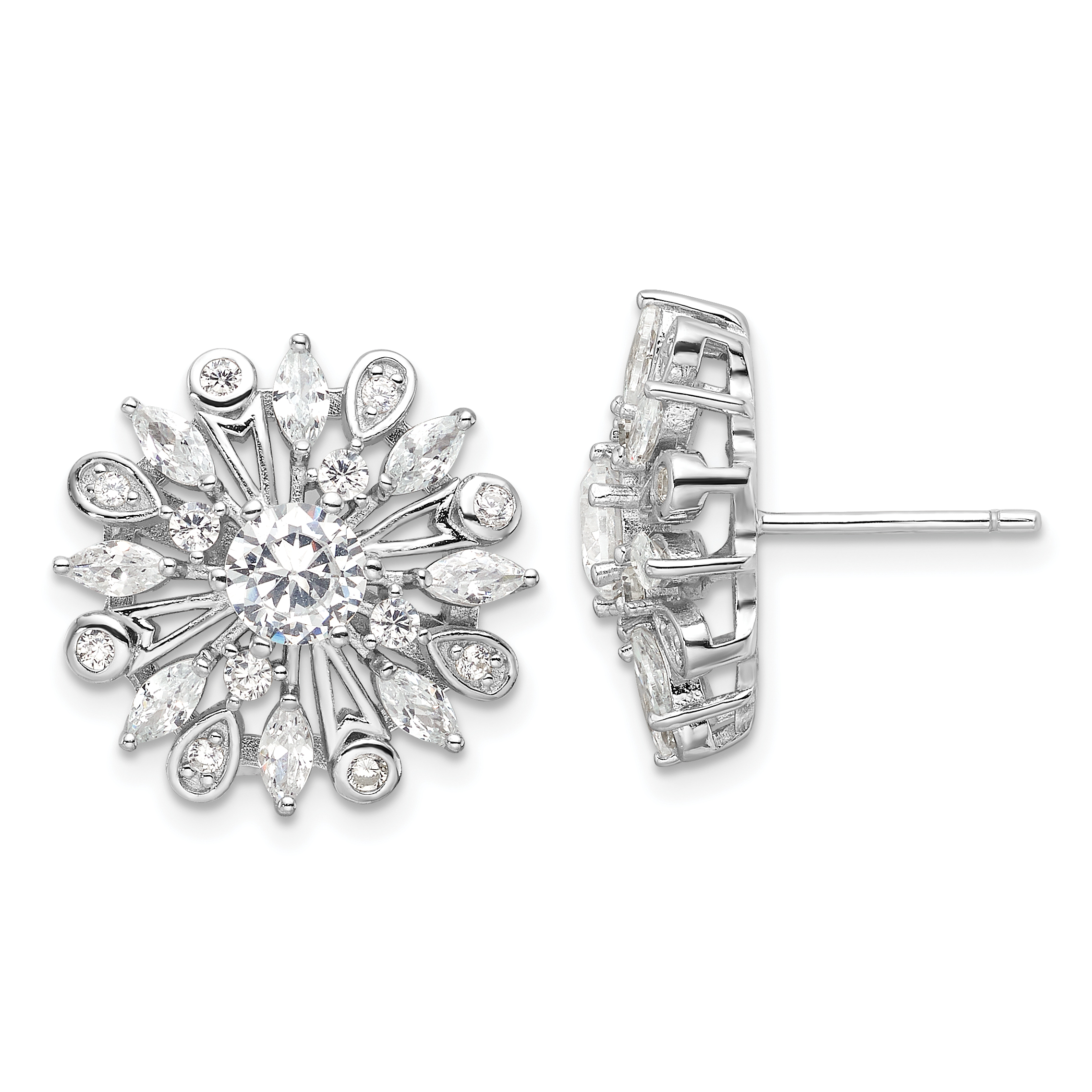 Sterling Silver Rhodium-plated CZ Floral Post Earrings (QE16766)