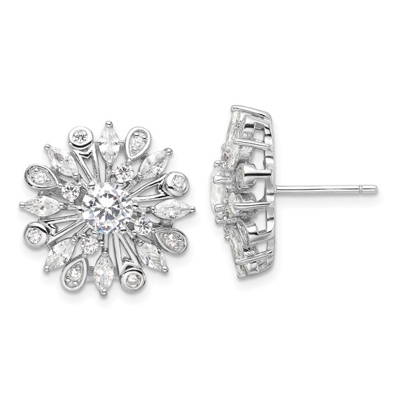Sterling Silver Rhodium-plated CZ Floral Post Earrings