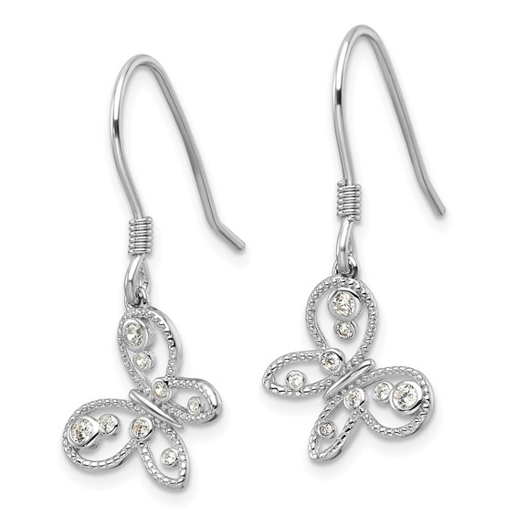 Sterling Silver Rhodium-plated CZ Butterfly Shepherd Hook Earrings