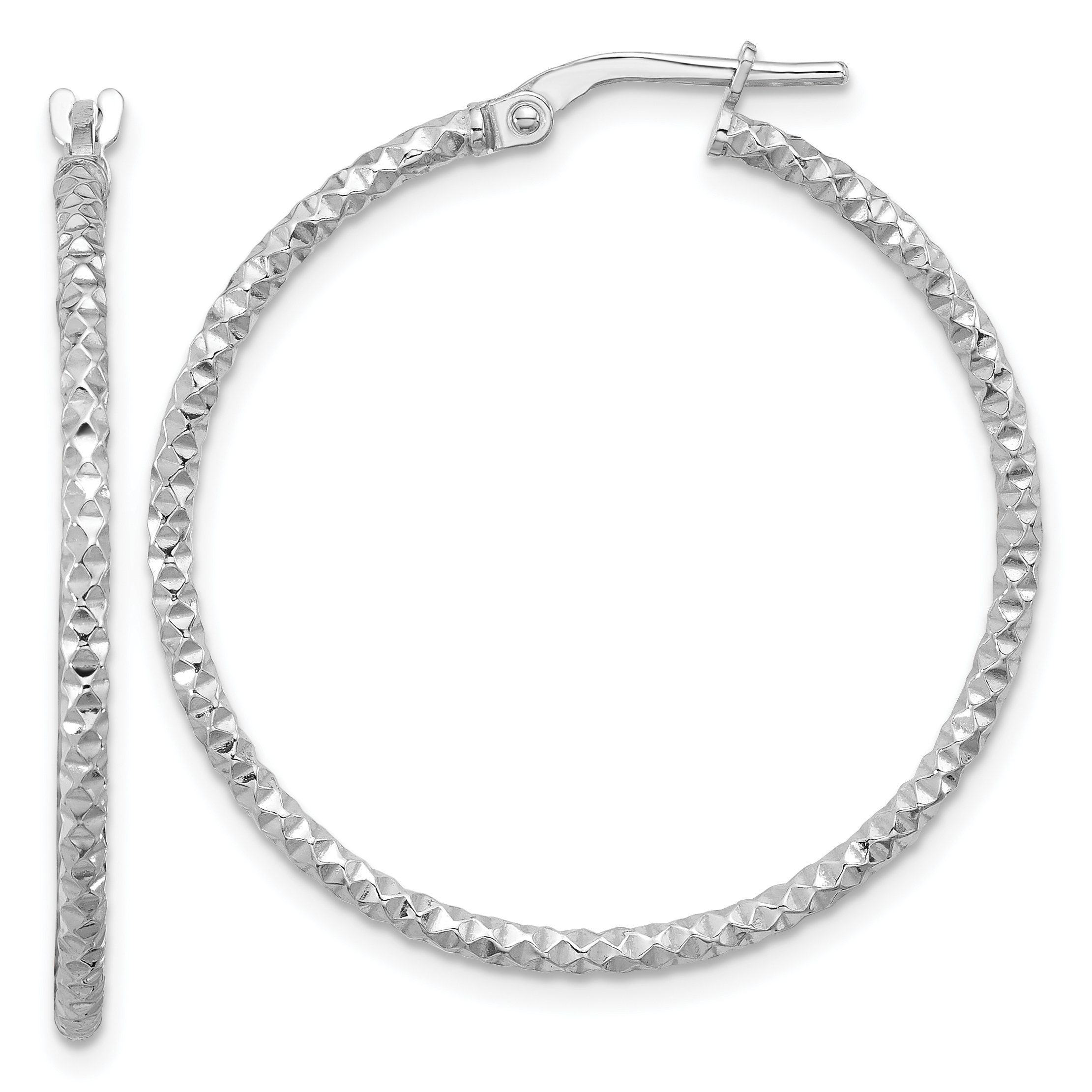 Sterling Silver Rhodium-plated Polished Textured 1.60mm Hoop Earrings (QE16775)