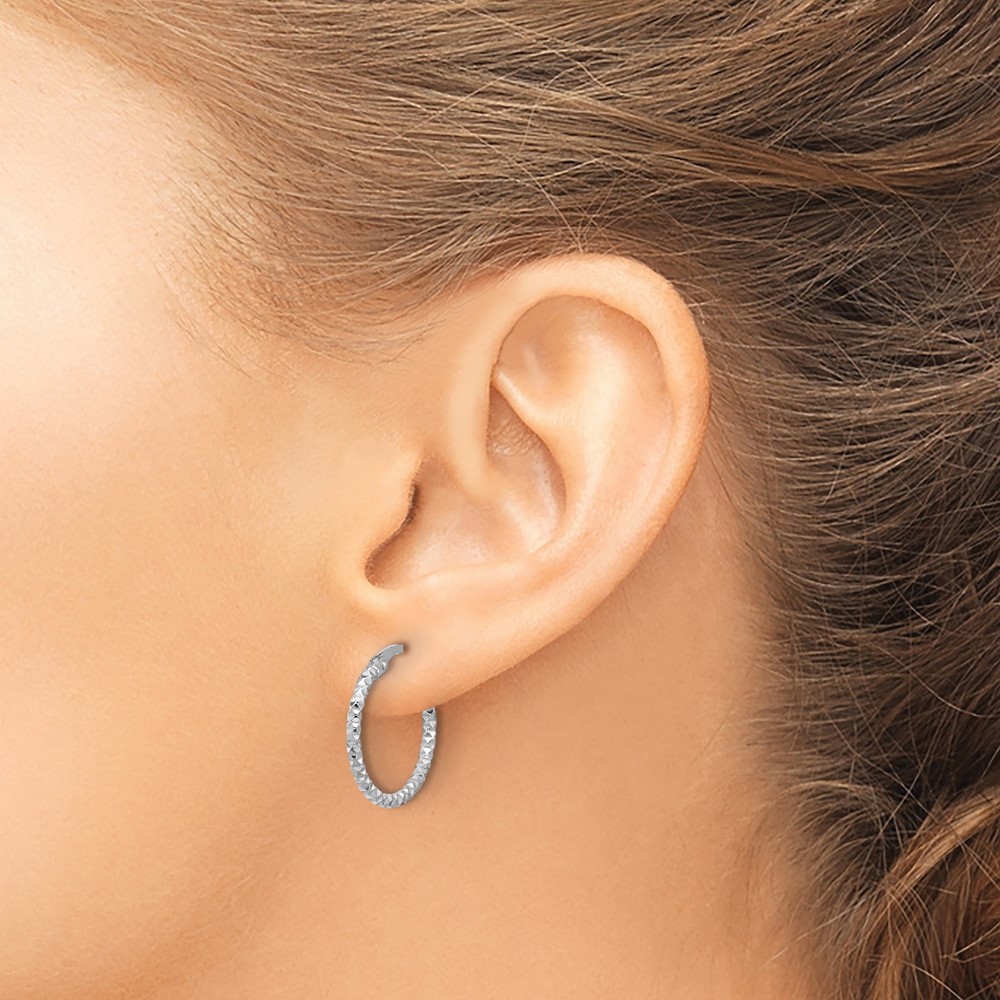 Sterling Silver Rhodium-plated Polished Textured 1.60mm Hoop Earrings (QE16776)