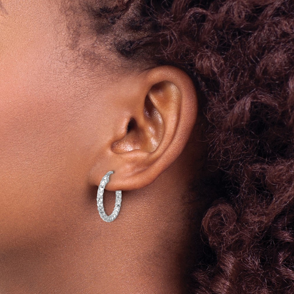 Sterling Silver Rhodium-plated Polished Textured 2.50mm Hoop Earrings (QE16777)