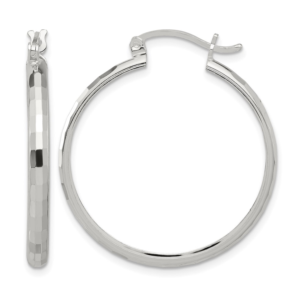 Sterling Silver Polished Textured Hoop Earrings (QE16782)