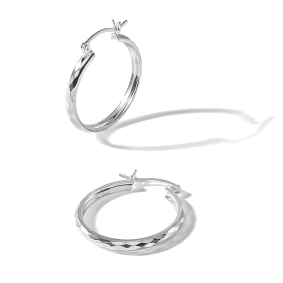 Sterling Silver 3.0mm Diamond-cut Hoop Earrings