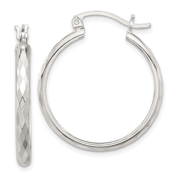 Sterling Silver 3.0mm Diamond-cut Hoop Earrings