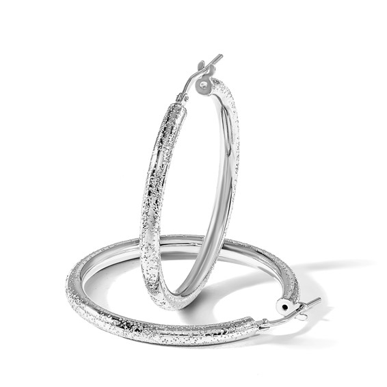 Sterling Silver Rhodium-plated Diamond-cut 3.00mm Hoop Earrings