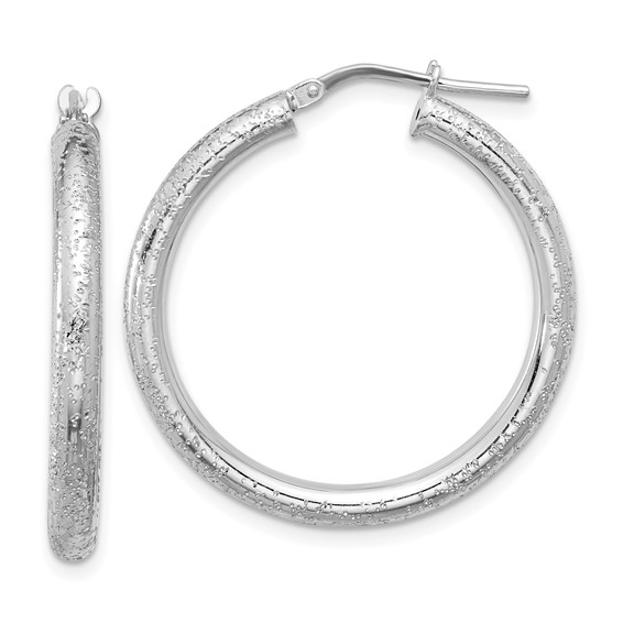 Sterling Silver Rhodium-plated Diamond-cut 3.00mm Hoop Earrings
