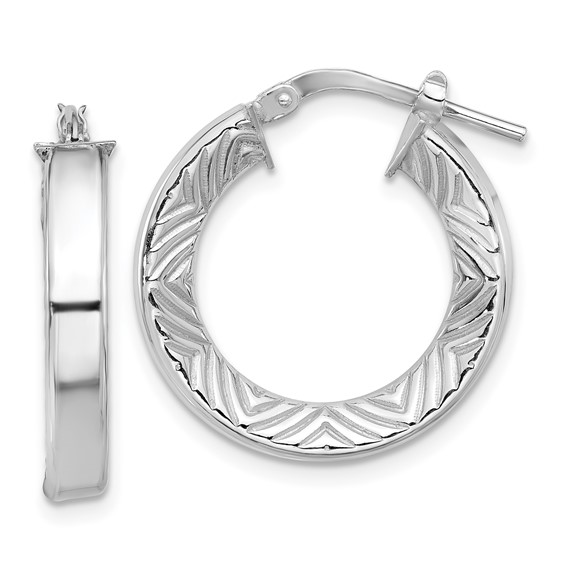 Sterling Silver Rhodium-plated Polished and Textured Hoop Earrings